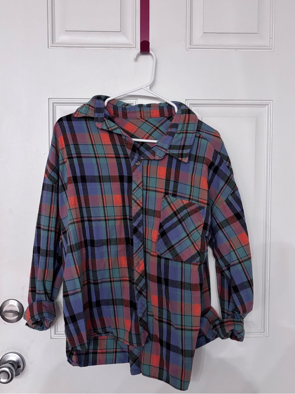Womens Plaid Button-Down Shirt in Red, Blue & Green